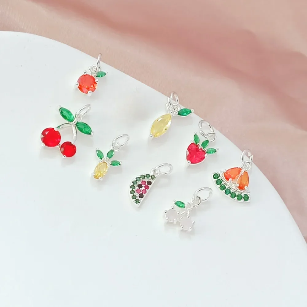 

Copper Plated Thick Silver Color Zirconium Fruit Series Small Pendants Watermelon Pineapple Cherry Apple Pendants DIY Accessorie
