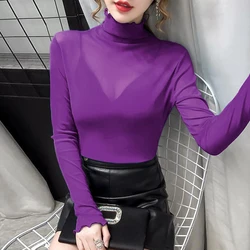 Women's Perspective Mesh T Shirt Blue Pink Purple Long-Sleeved Female Blouses Temperament Lace Women Turtleneck Elastic Top Lady