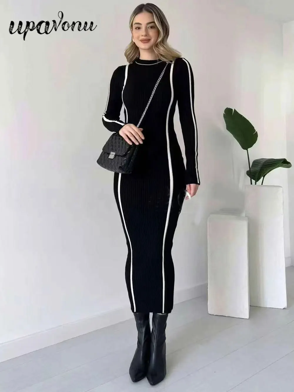 2024 New Women's Casual Knitted Dress O-neck Long Sleeve Slimming Bodycon Vertical Strip Dresses Cocktail Evening Party Vestido