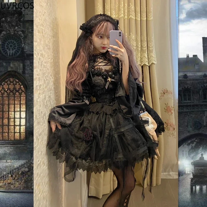 Japońska wiktoriańska sukienka Gothic Lolita w stylu Vintage dziewczyna urocza koronka różowe dla księzniczek przyjęcie świąteczne sukienki kobiety ciemne sukienka na ramiączkach Cosplay