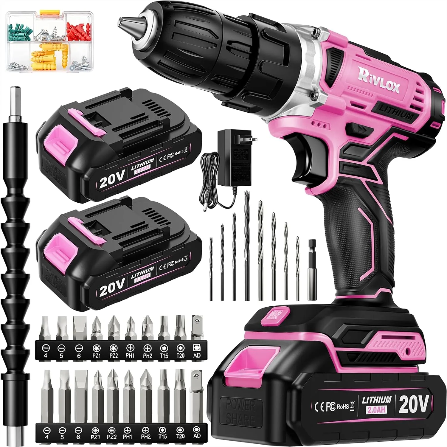 

20V Cordless Drill Set with 2.0Ah Batteries, 30Nm Torque, 21+1 Clutch, 2-Speed, 34pcs Accessories, Built-in LED, Pink