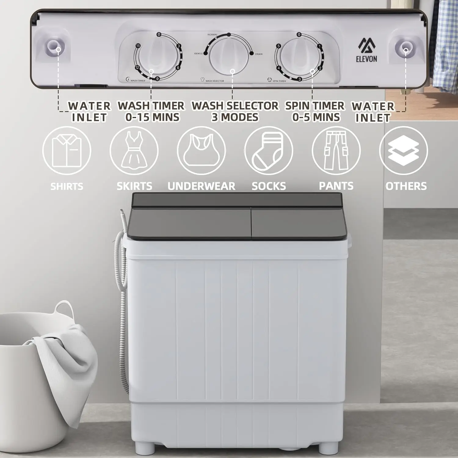 17.6lbs Mini Compact Laundry, Twin Tub 11lbs 6.6lbs Spinner, Clothes Washer Washing Machine, Drain Pump