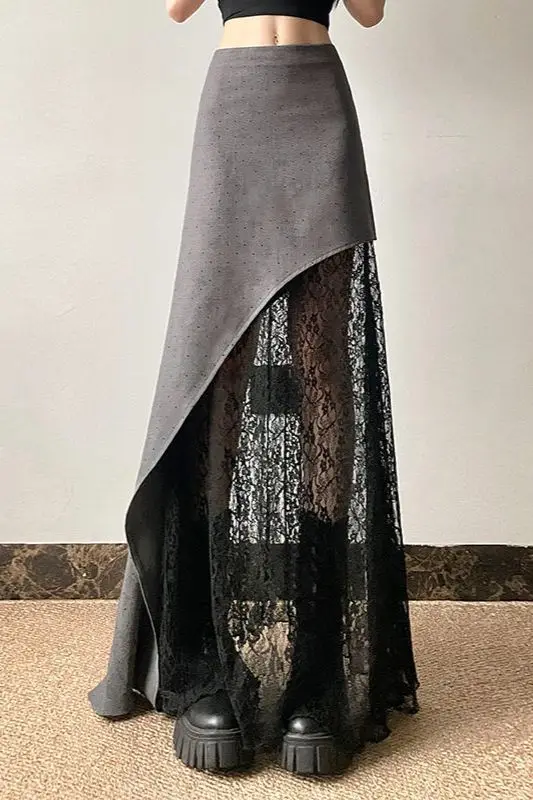 

2025 Design Sense Irregular Midi High-waisted Skirt Sexy See-through Lace Long Skirt Spring, Autumn and Summer Two-piece Set