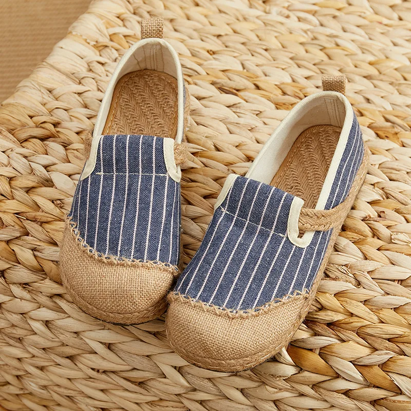 

Careaymade-Women Striped Linen Canvas Slip On Flat Shoes Vegan Hemp Comfortable Ladies Casual Espadrilles Loafers Grey Blue