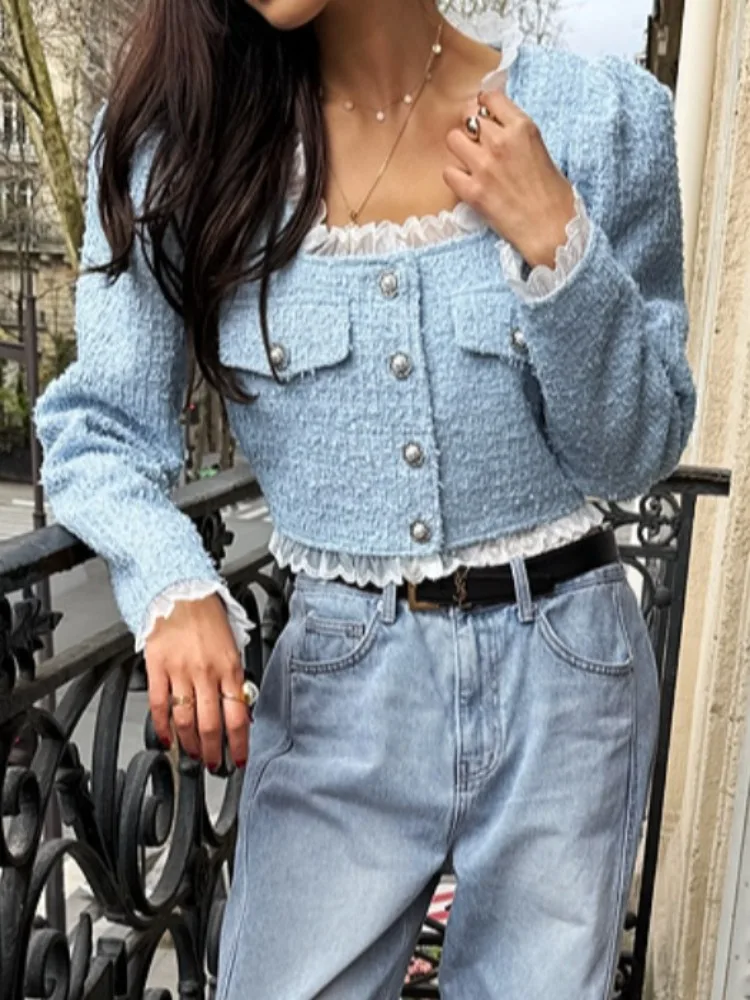 

Ele ort Lace Trimmed Patchwork Collar Women's Jaet Autumn New Sle Single Button Commute Sle Regular Fit Outerwear