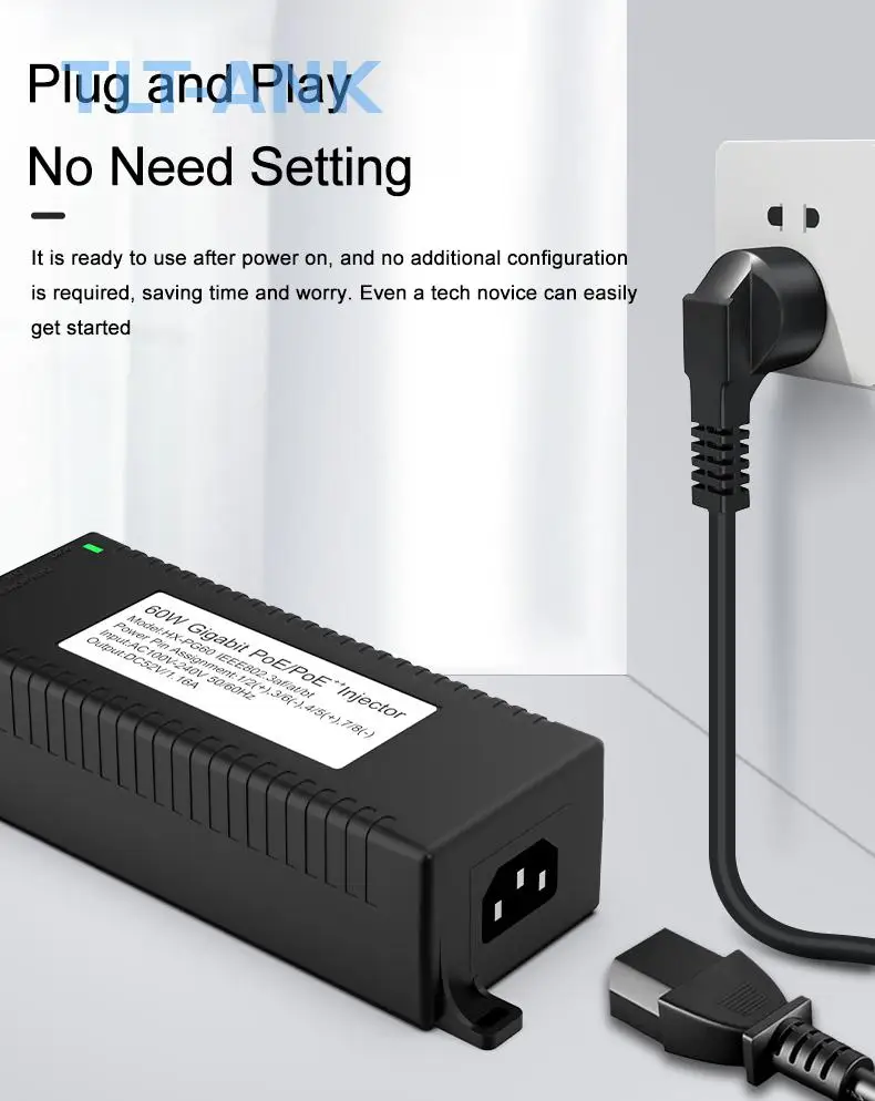 60W Gigabit POE Injector Switch RJ45 2 Ports 10/100/1000Mbps DC52V Plastic Housing CCTV Camera Power Supply Product Stock