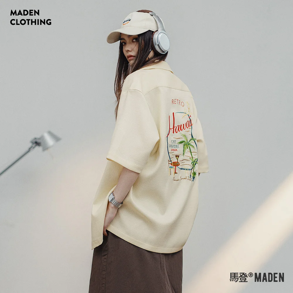 

Maden Hawaiian Embroidery Shirts for Women Loose Casual Short Sleeve Cuban Collar Blouse Summer Versatile Tops Woman Shirt