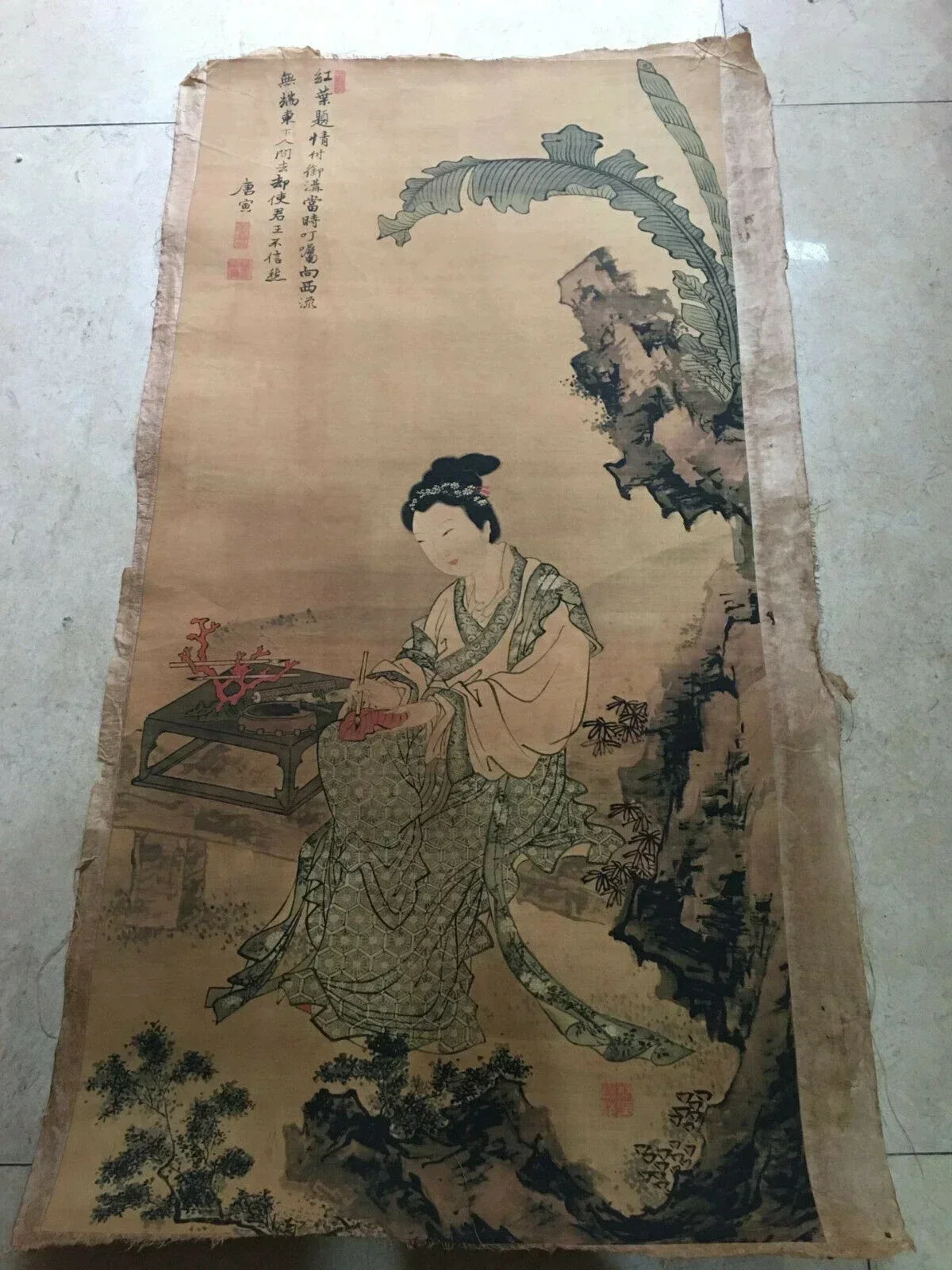 

Chinese Old Scroll Tang Yin - Poems on Red Leaves Pictures Painting Rice Paper