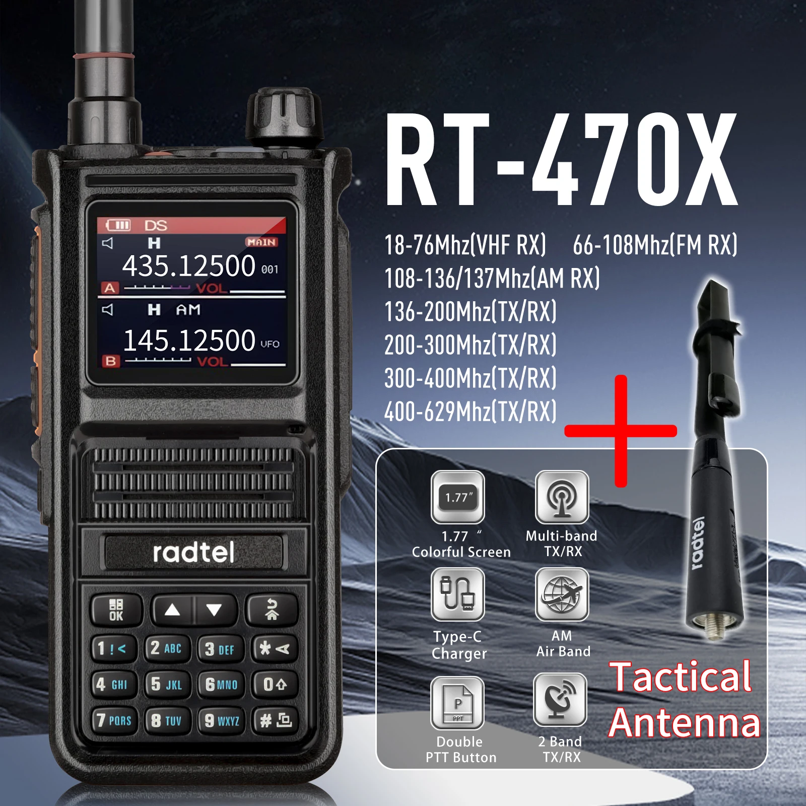 Radtel RT-470X Multi-Band, Ham Walkie-talkie 256CH Air Band dua arah Radio stasiun penerbangan NOAA polisi Transceiver PTT laut