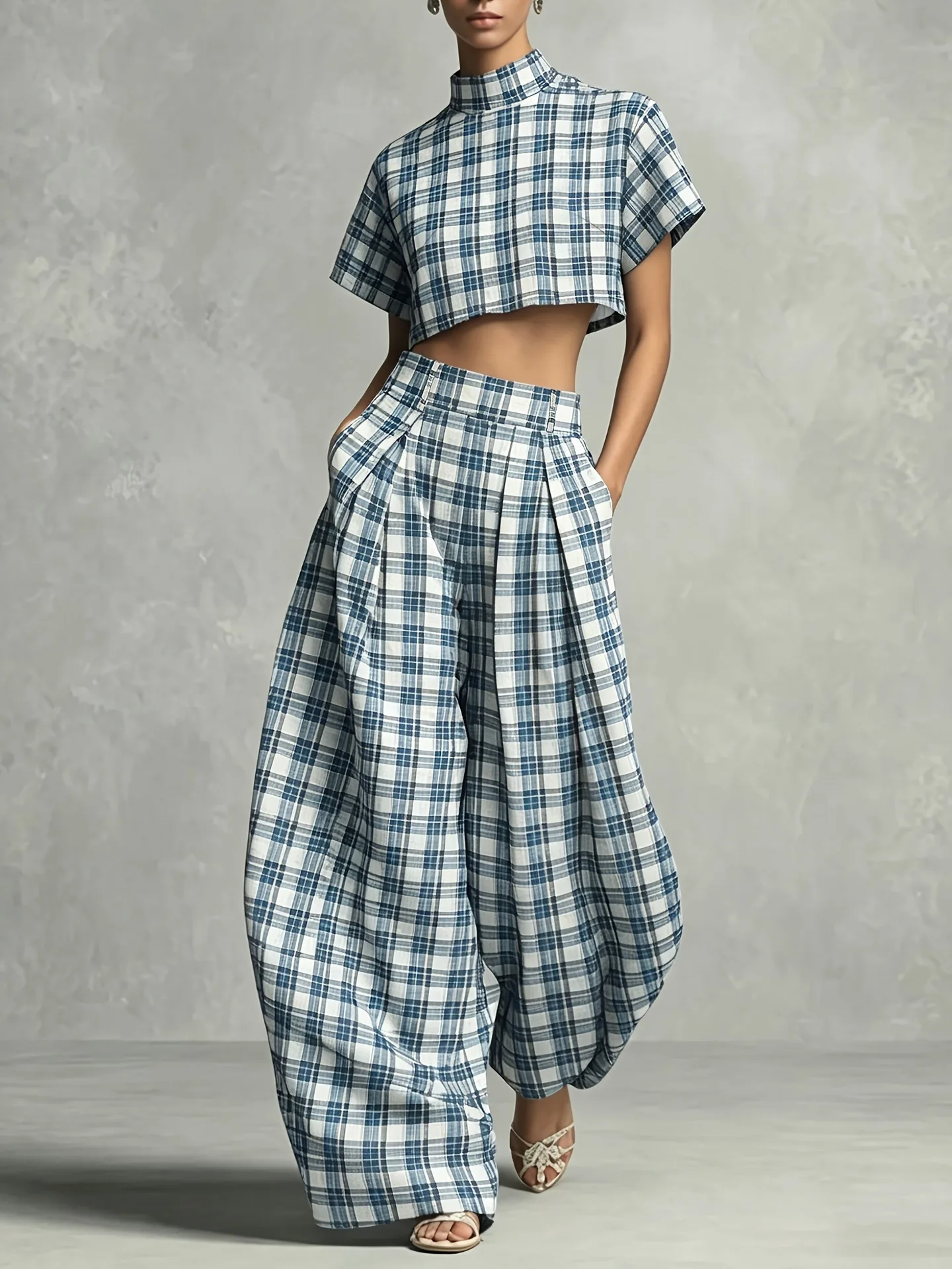 2 pieces women sets 2026 new featuring blue white plaid high-neck short top+high-waisted wide-leg pants suits women's clothing
