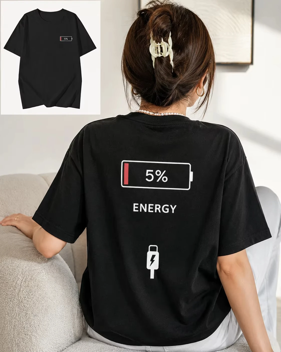 New Couple Matching 5% Low Battery Printed T-shirt Plus Size Cotton Short Sleeved Women's T-shirt Men's T-shirt Summer Top