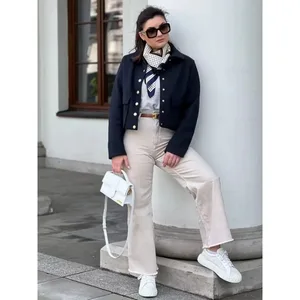 Schwarze Frauenflieger Traf-Casaco, Wollmischjacken, Bomberausschnitt, Demi-Tint-Ernte, Jacken, Herbst, Winter 6 Hauptverkaufsbomber schwarz - №3