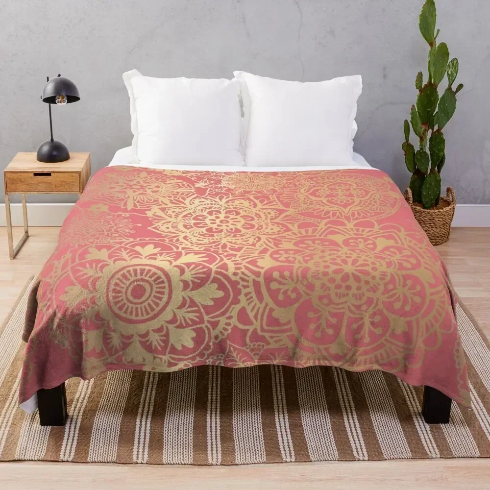 

Coral Pink and Gold Mandala Pattern Throw Blanket Designers Polar Blankets Thermal Sofa Tourist Blankets
