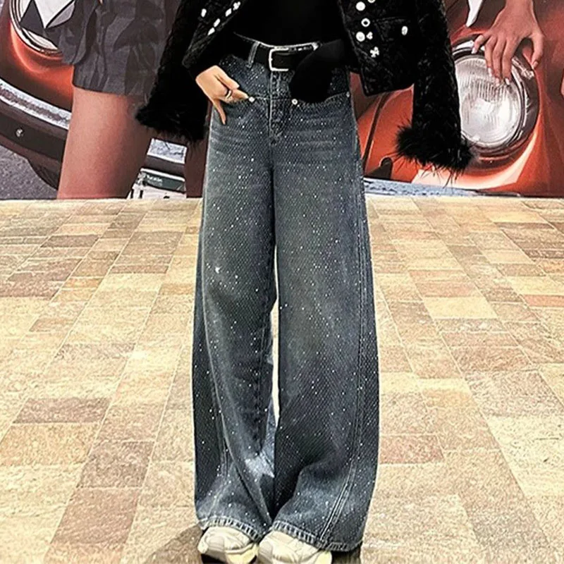 

New Spring/Summer Jeans Womens Heavy-duty Diamond Embossed Wide-leg Jeans, Female High-waisted Starry Sky Straight-leg Pants 4XL