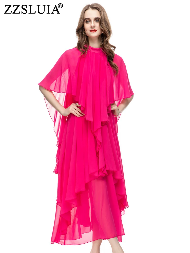 

ZZSLUIA Elegant Dresses For Women Solid Color Ruffles Designer Slim Long Dress Fashion Stand Collar Bohemia Dresses Female Cloth