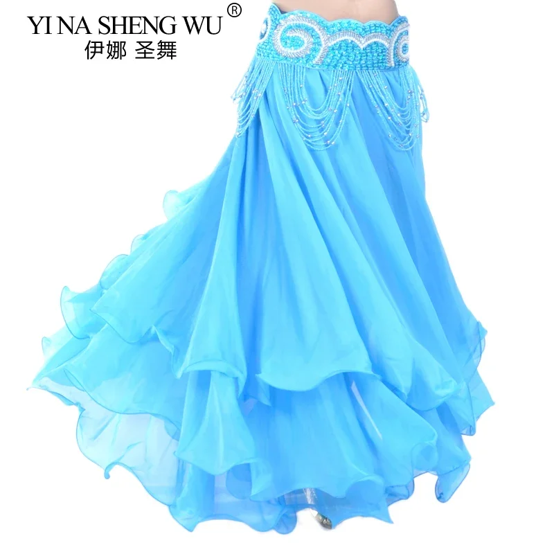 กระโปรง 3 ชั้นสำหรับผู้หญิง กระโปรงชีฟองสำหรับเต้นรำแบบตะวันออก กระโปรงทรงโค้งงอ ไม่มีเข็มขัด กระโปรงสำหรับการแสดงระบำหน้าท้อง กระโปรงสำหรับการแสดงบนเวที กระโปรงสไตล์สเปน