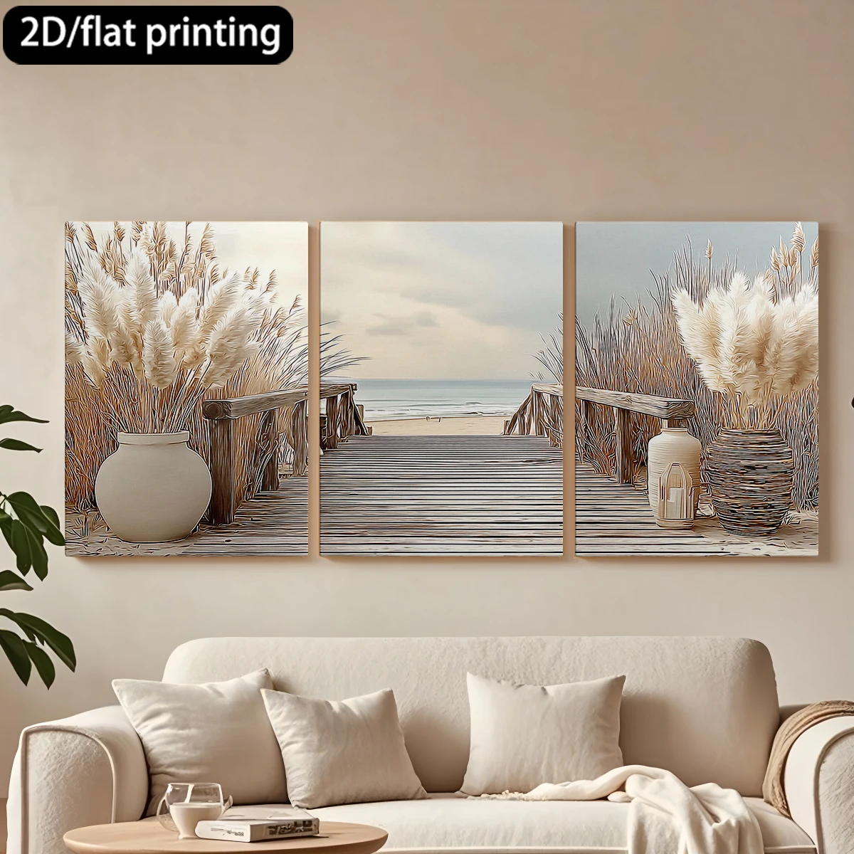 

2D плоская печать, 3-х частная декоративная картина на холсте в деревянной раме «Путь к морю», с пампасными вазами. Декор для коридора и спальни.