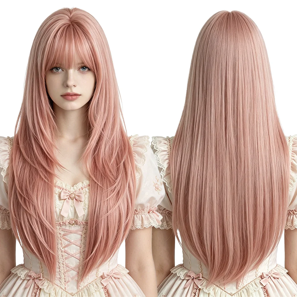 Pink Blonde Long Straight Wig With Bangs For Women Natural Layered Heat Resistant Synthetic Hair Daily Party Cosplay Halloween