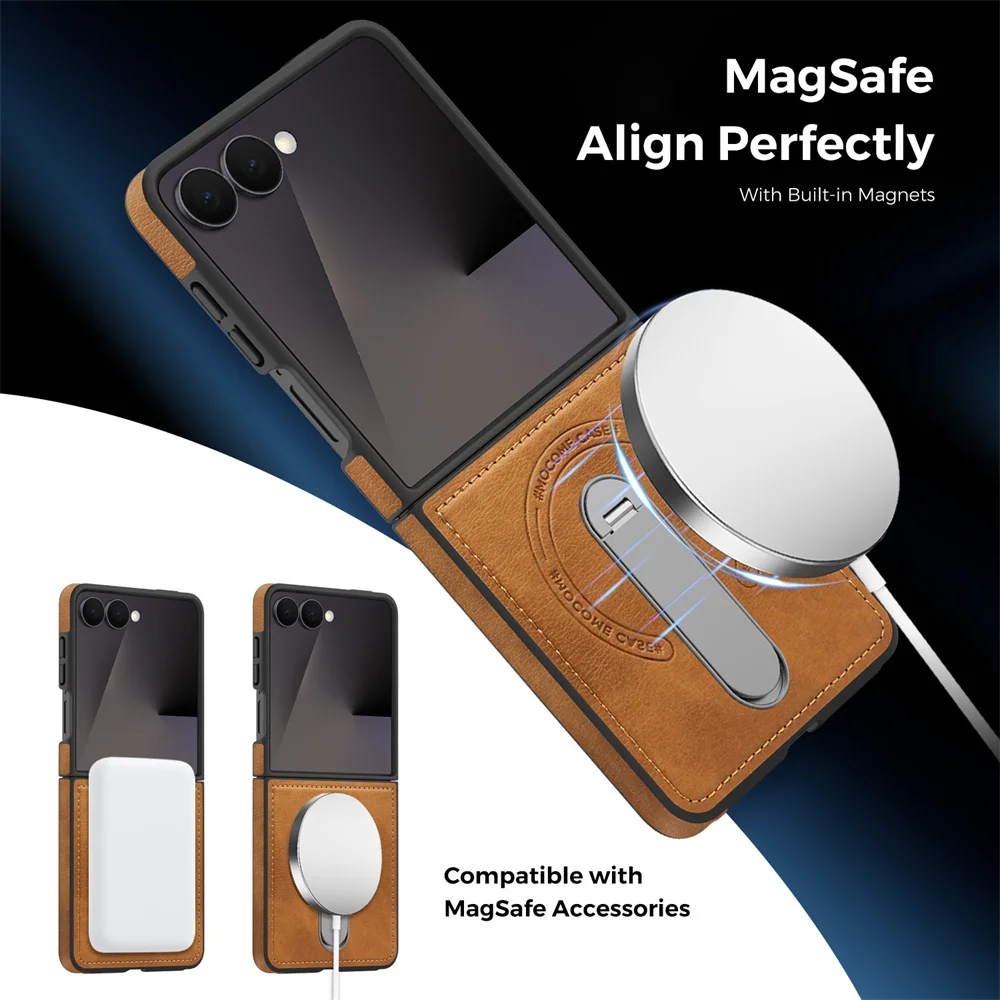 Luksusowe, niewidoczne etui na telefon ze skóry z magnetycznym stojakiem do Samsung Z Flip 7 FE 6 5 4 3 5G do bezprzewodowego ładowania Magsafe — zdjęcie produktu 3