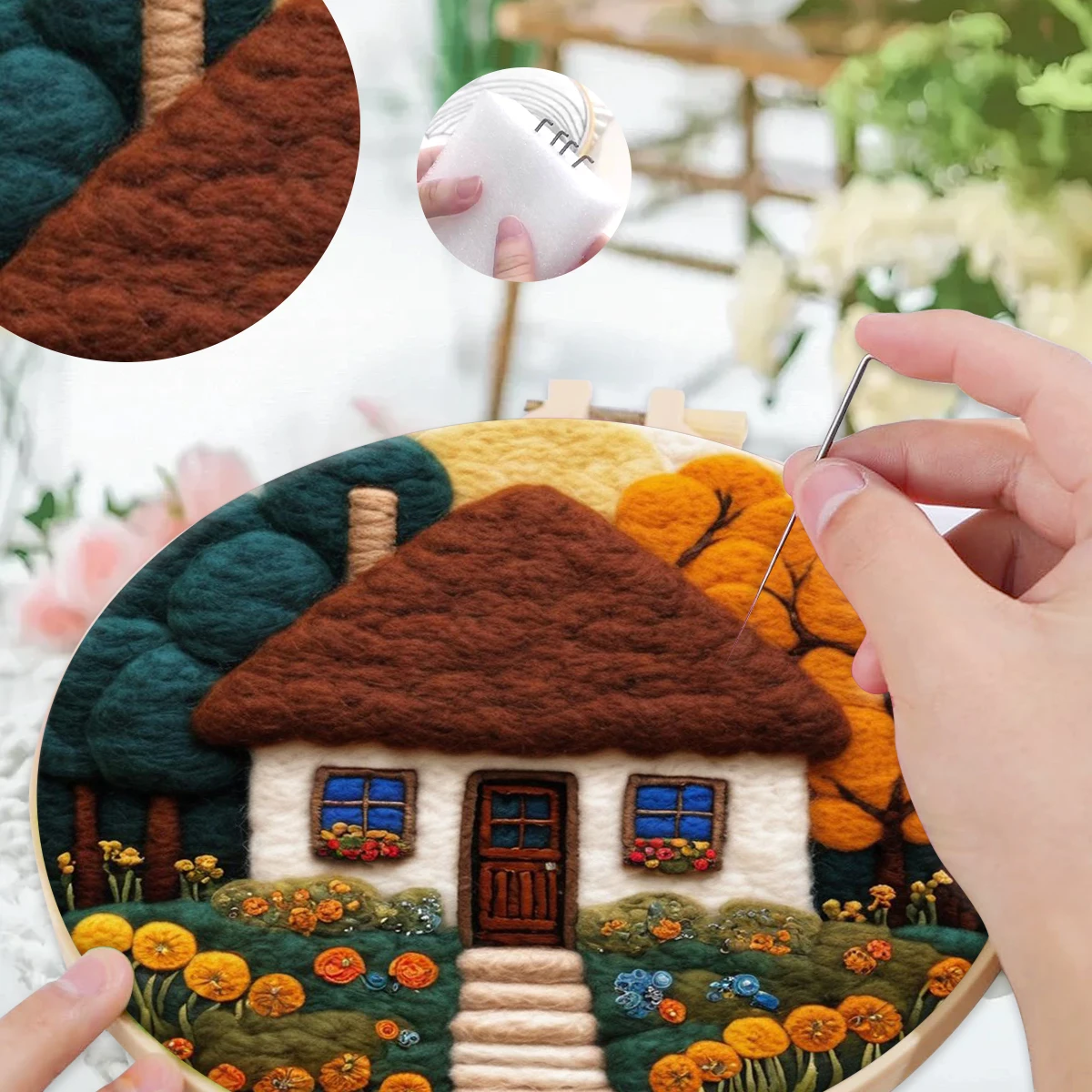 

SDOYUNO Wool Felt Painting Kit Pink scenery Embroidery Frame Cross Stitch Diy Craft Supplies Wool For Knitting Handmade Sewing