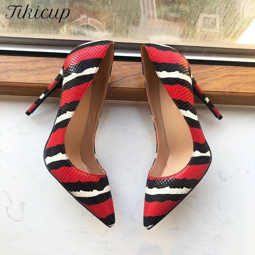 Tikicup 12cm Sexy Red Striped Snakeskin Women Pointy Toe Thin High Heel Elegant Ladies Stiletto Pumps Party Dress Mujer Shoes