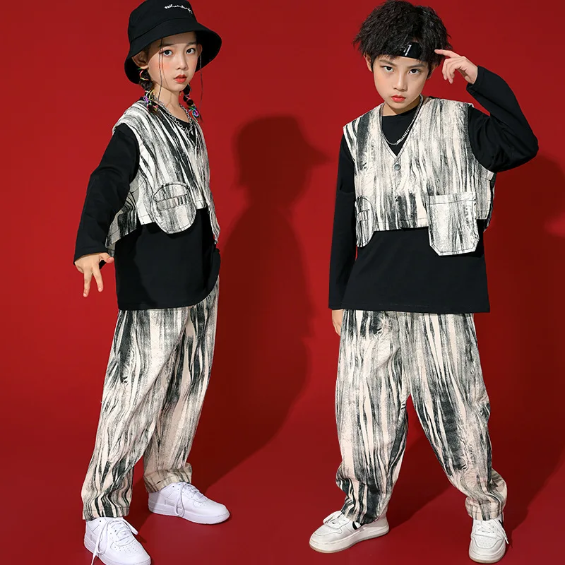 Ropa de Hip Hop para niño y niña, chaqueta sin mangas con estampado de Kpop, chaleco con bolsillo, Top, ropa de calle, pantalones, disfraz de baile de Jazz