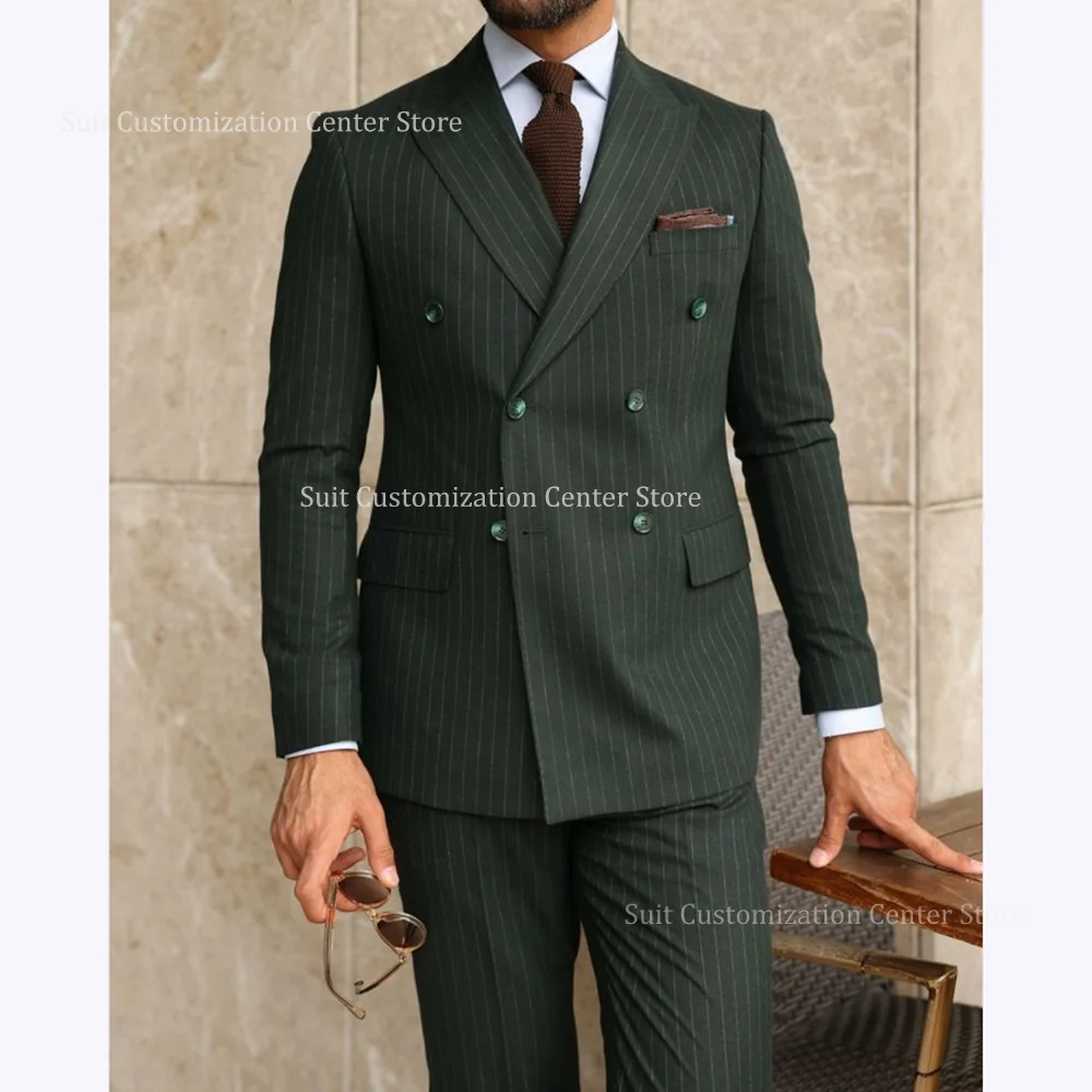 

Textured Striped Suits For Men Classic Double Breasted Peak Lapel Slim Fit 2 Piece Jacket Pants Business Meeting Formal Outfits