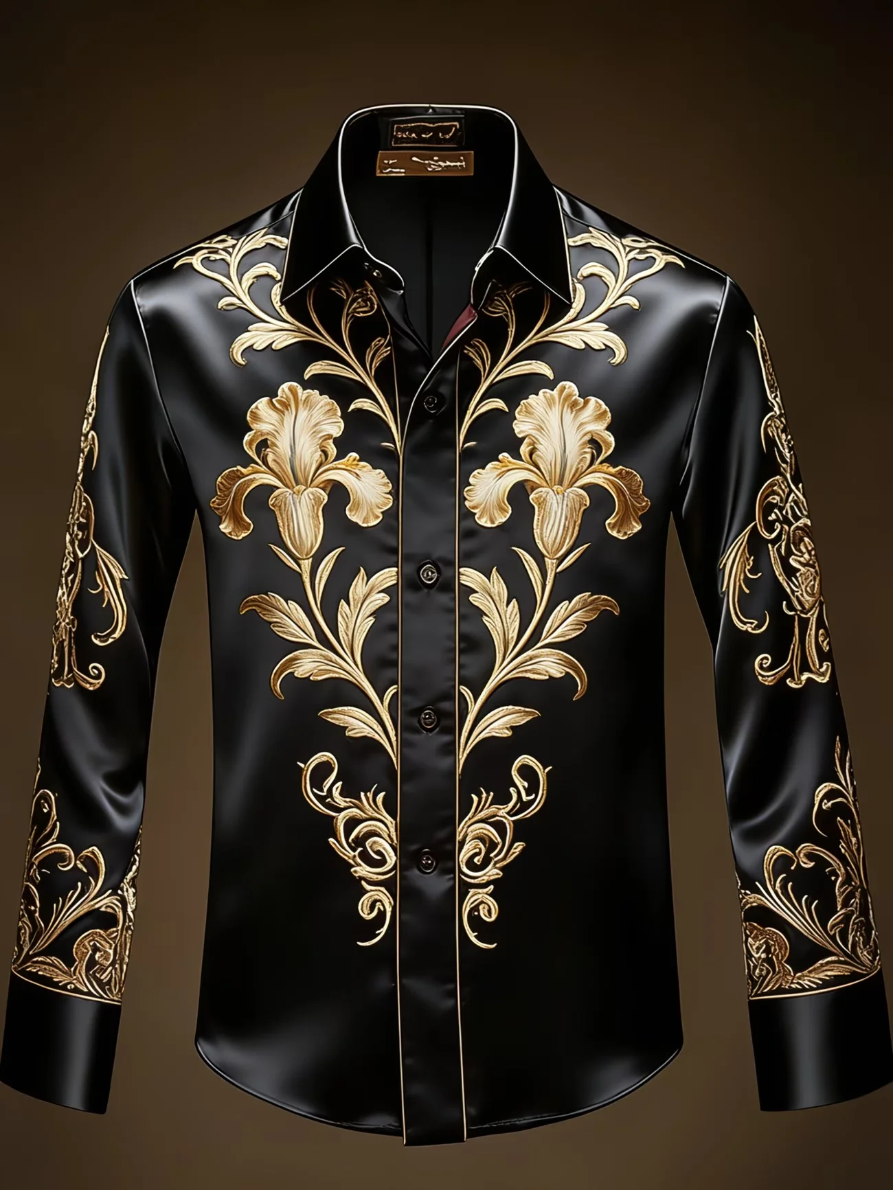 

New blue and white contrasting hot stamping peacock pattern men's long sleeved shirt with lapel satin shirt