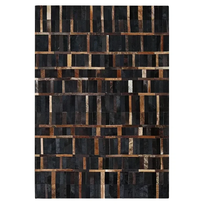 

Genuine Black Gold Plaid Natural Cowhide Rug- Handmade Cowhide Patchwork Carpet for Home Decoration Bedroom Study Room Customize
