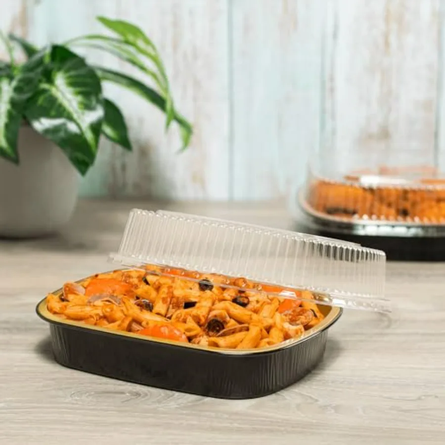 

48-унций черного золота для духовки и гриля, безопасные алюминиевые формы с прозрачными крышками для хранения продуктов питания и приготовления еды, идеально подходят для выпечки, обжарки и