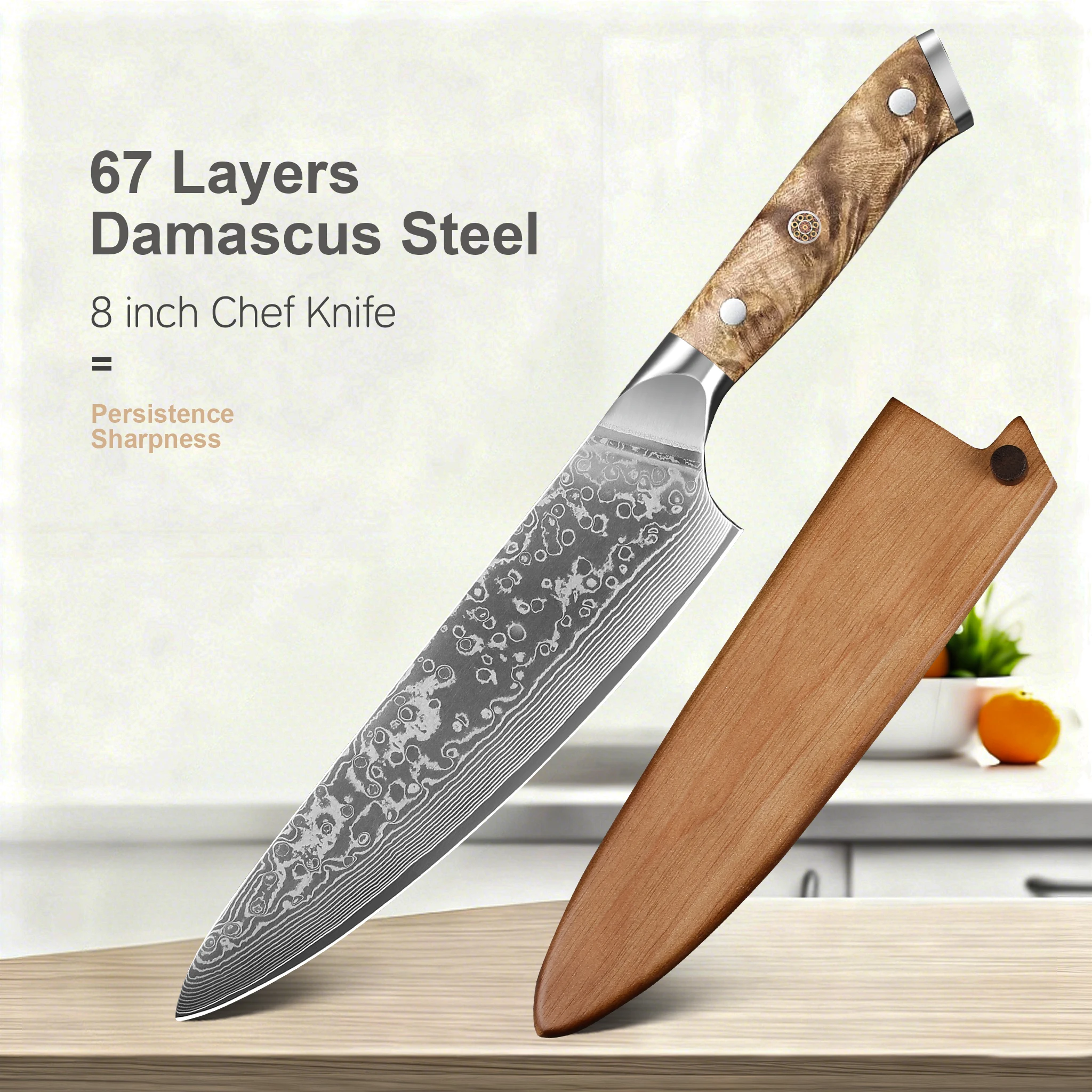

8 inch Professional Chef Knife Handmade Damascus Steel Japanese kitchen knife Natural Burl wood Handle Meat & Vegetable Slicer