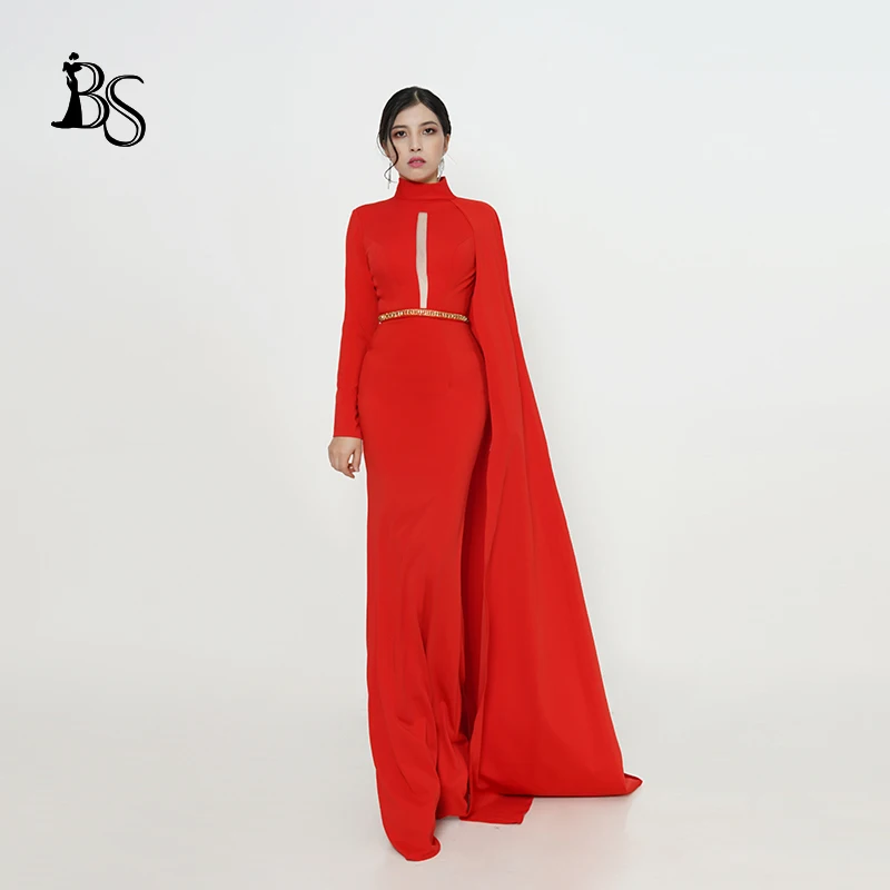 

Baisha Custom Red Evening Dress Stand-Up Collar Elegant Gala Party Wear Long Sleeve Host Performance Dresses H568