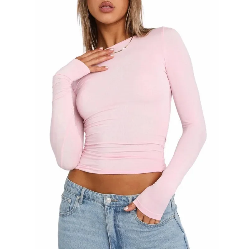 بالإضافة إلى حجم 1XL-5XL المرأة قميص طويل الأكمام الأساسية تي شيرت أعلى جولة الرقبة المألوف سليم صالح الأعلى