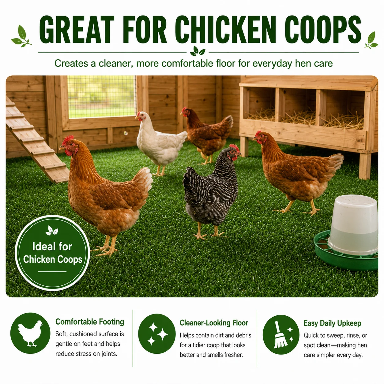 6FT X 10FT Artificial Grass Turf Roll, 0.4in Poultry Coop Flooring Mat for Chickens & Ducks, Quick Drain Synthetic Grass Rug with Black Backing, Easy to Clean Outdoor Farm Run Ground Cover with Stakes
