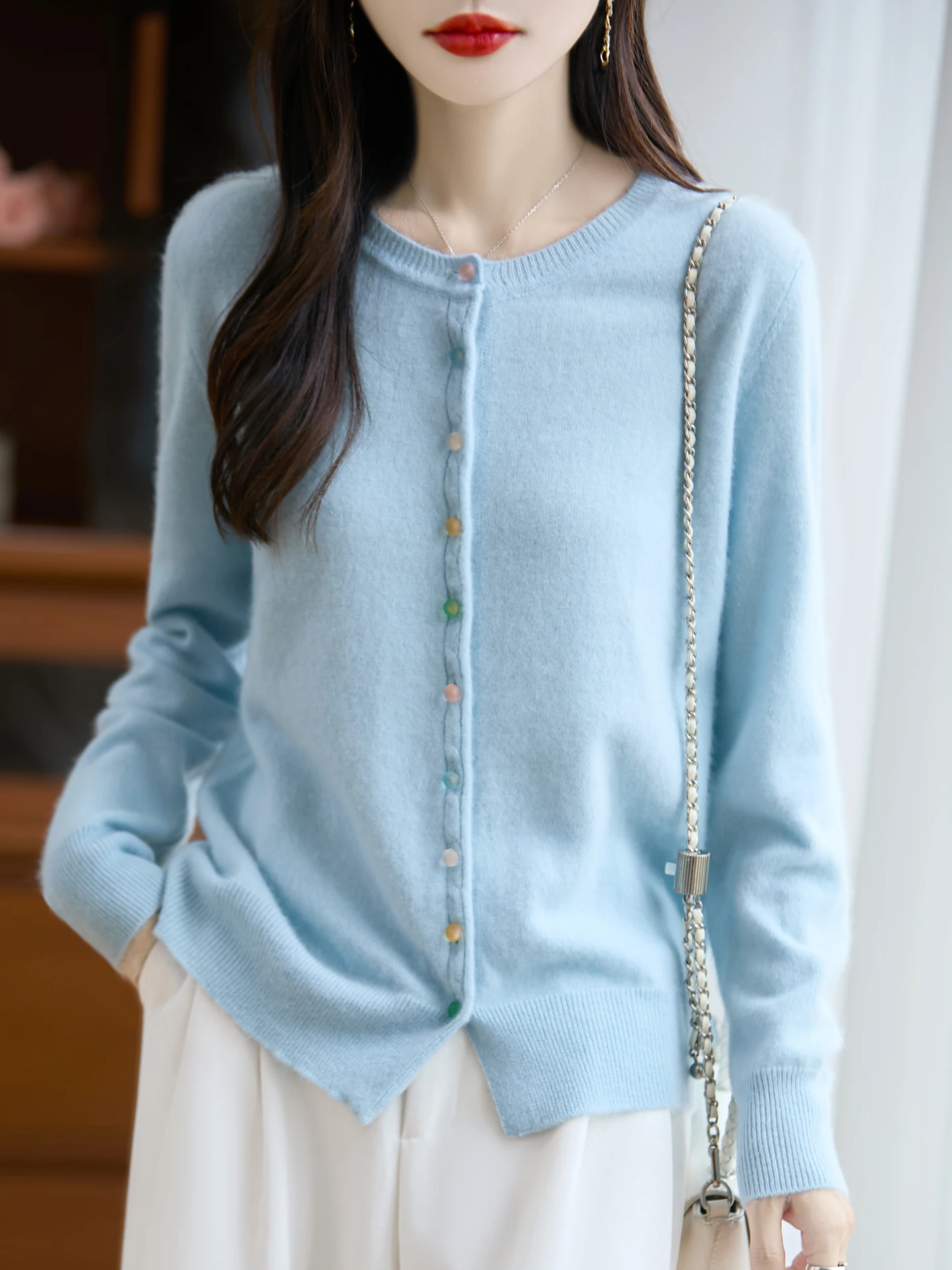 

High-end 100% Pure Wool Cardigan Sweater Women's Autumn Winter New Thick O-neck Soild Fashionable Crystal Button Knitted Jacket