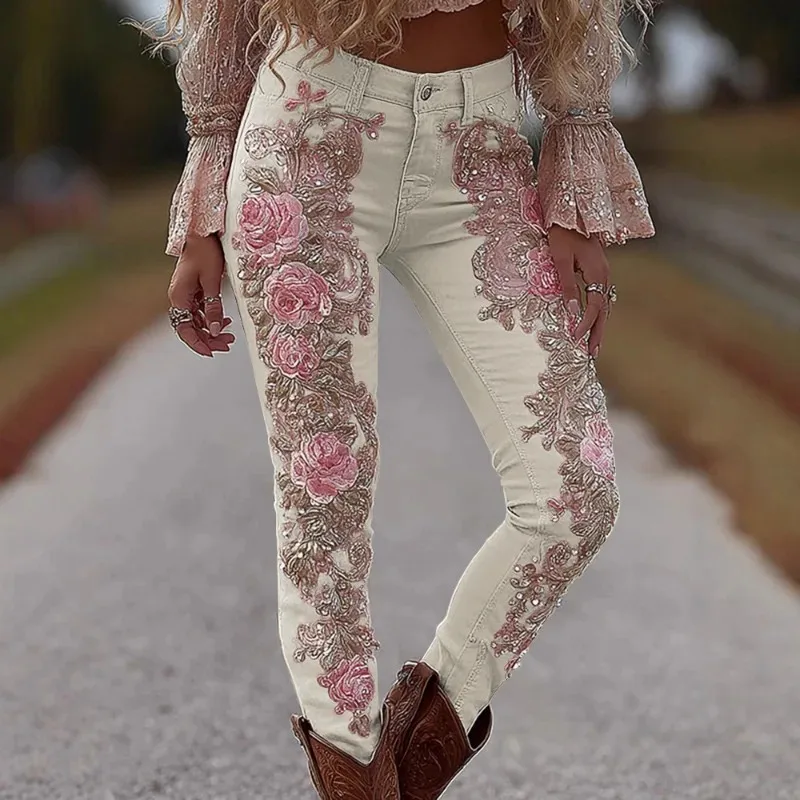 Pantalon en jean extensible taille haute imprimé 3D pour femmes, mode florale, jambe droite, décontracté