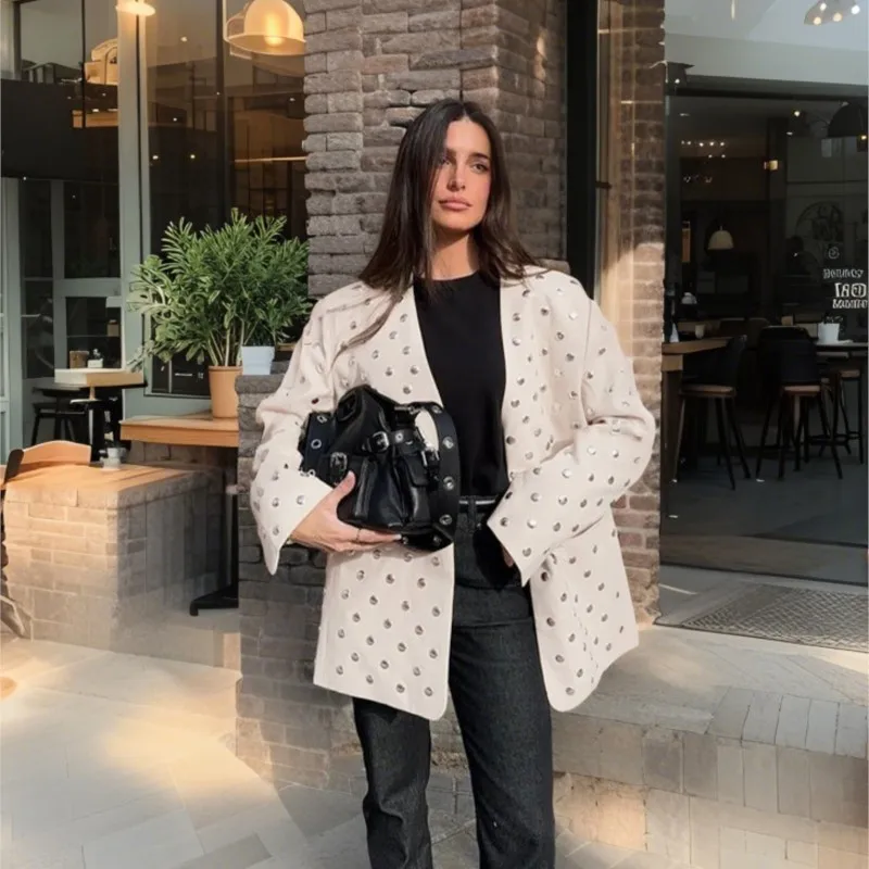 エレガントなブレザーコート女性オフィスレディファッション V ネックポケットオーバーサイズスーツジャケット 2025 春の新作シックなカジュアルルーズアウター