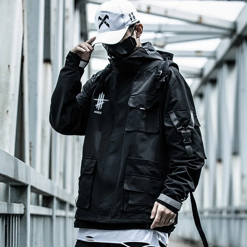 

Fashion Techwear Black Hooded Jacket Mens Multiple Pockets Cargo Outerwear Streetwear Functional Jackets Coat Male