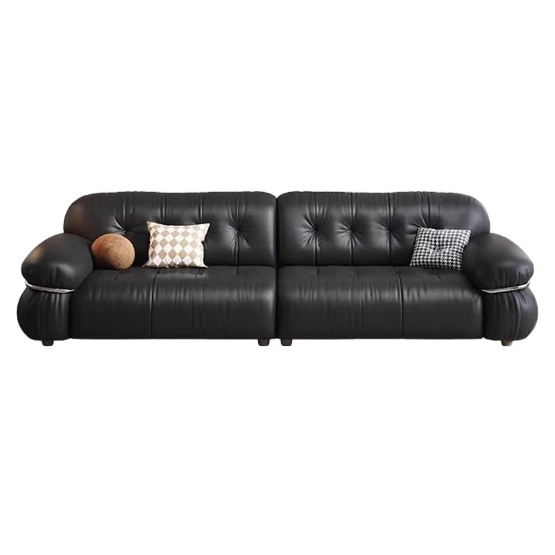 

French retro style light luxury leather sofa, medieval black straight row first layer cowhide American sofa