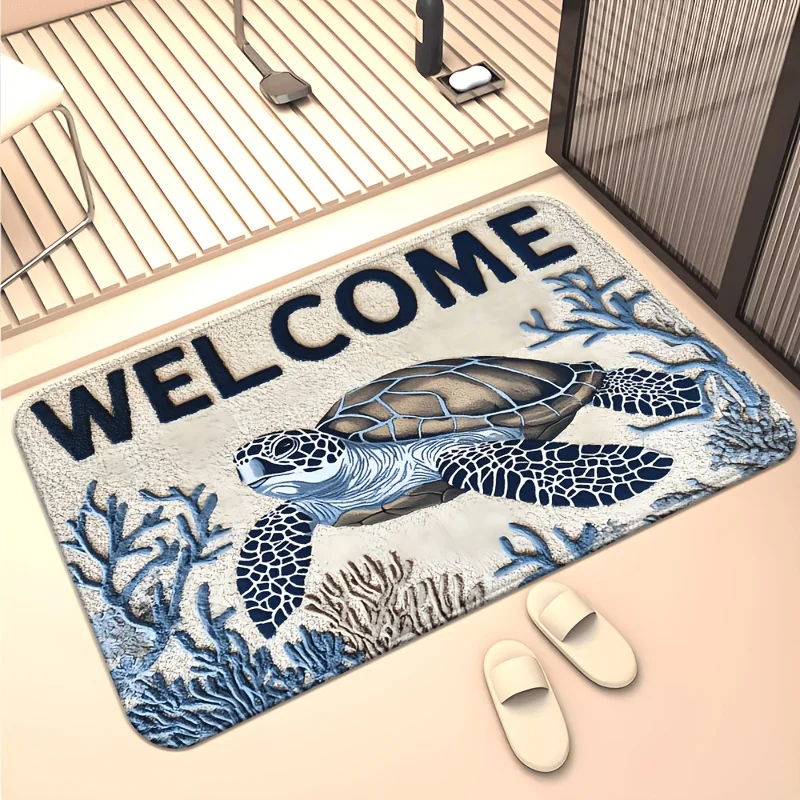 Welcome Sea Turtle Tropical Ocean Beach Themed Doormat Rug Entryway Mat Nautical Porch Decor Indoor Outdoor Coastal Home Gift