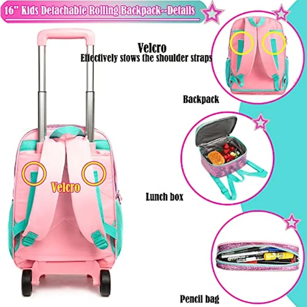 BIKAB 3PCS Girls Rolling Backpacks Kids Backpack with Wheels for School Bags Luggage mochilas para niñas