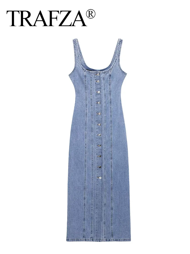 

Женское длинное джинсовое платье TRAFZA, голубое однобортное платье без рукавов с О-образным вырезом и разрезом, лето 2024