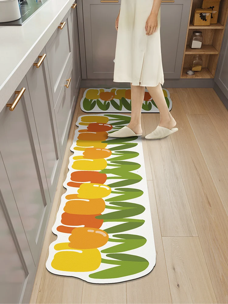 

Flower Kitchen Floor Mat PVC Waterproof Household Kitchen Carpet Long Anti-skid Entrance Door Mat Wear-resistant Kitchen Rug