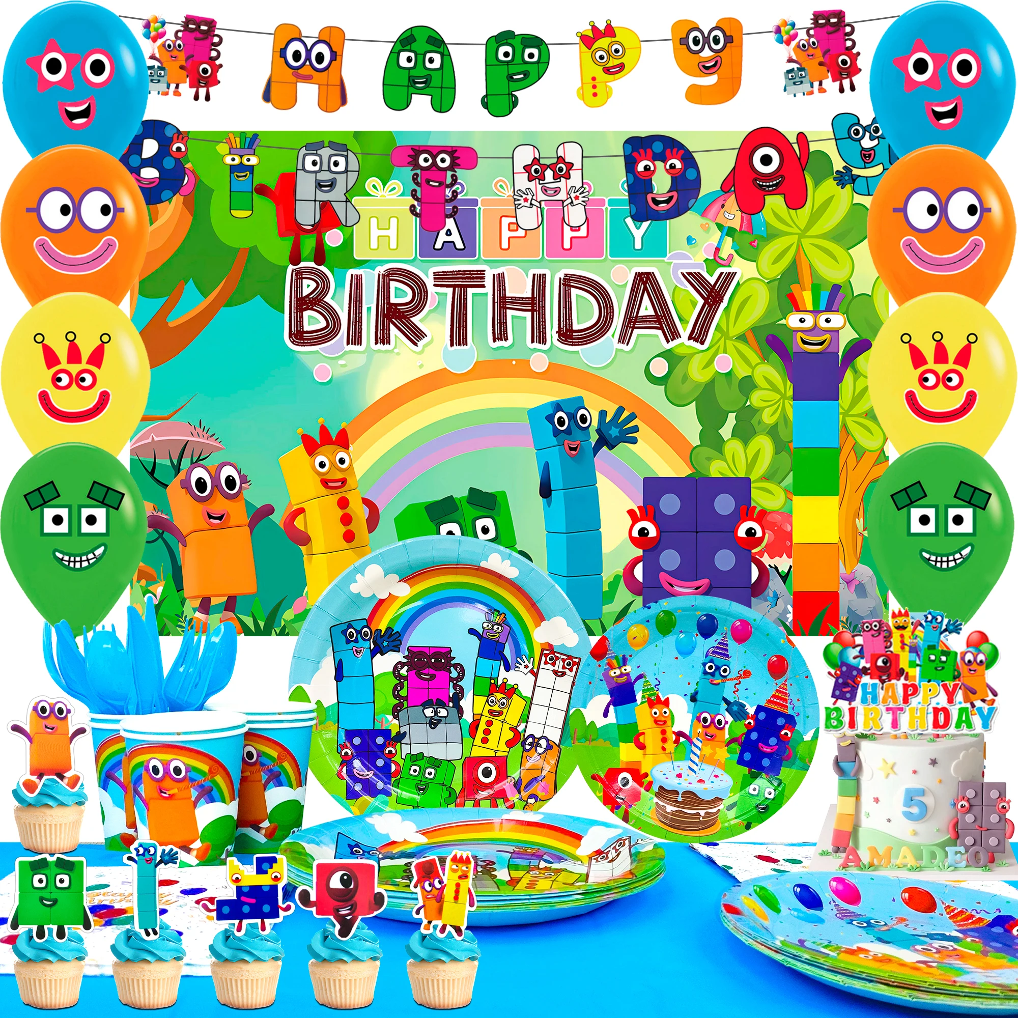 Number Blocks Birthday Decorations,112pcs Number Blocks Party Decorations & Number Blocks Party Tableware Banner Balloon Plate