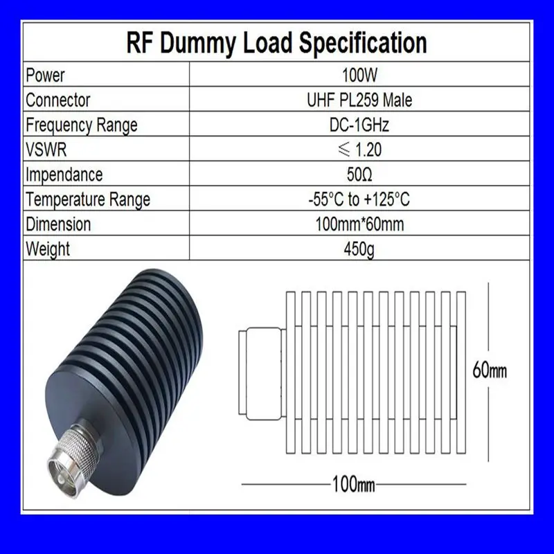 100W UHF PL259 Male Plug Connector RF Coaxial Termination Dummy Load 1GHz 50ohm Nickel Plated RF Accessories