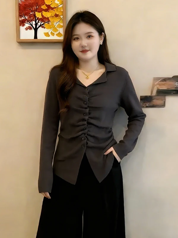 

Женская трикотажная базовая футболка больших размеров с V-образным вырезом, приталенная, для ношения под одеждой, весна 2026, модный корейский стиль, длинный рукав, цветная