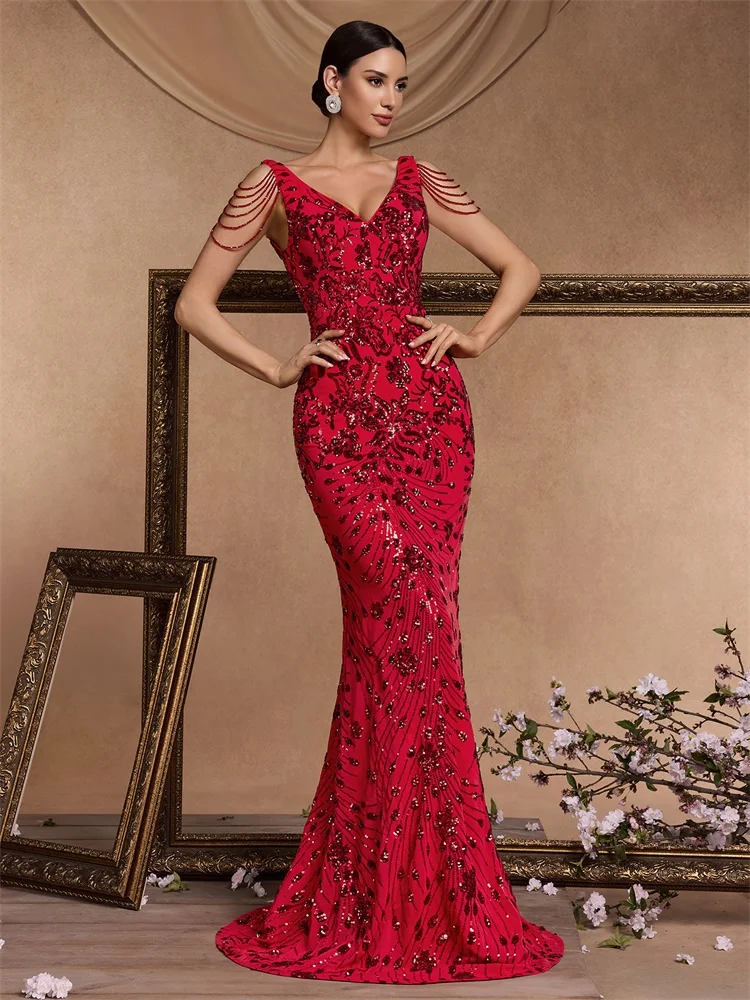 Elegant Deep V-Neck Red Sequin Formal Evening Dresses Women Beading Wedding Party Mermaid Cocktail Prom Graduation Gown