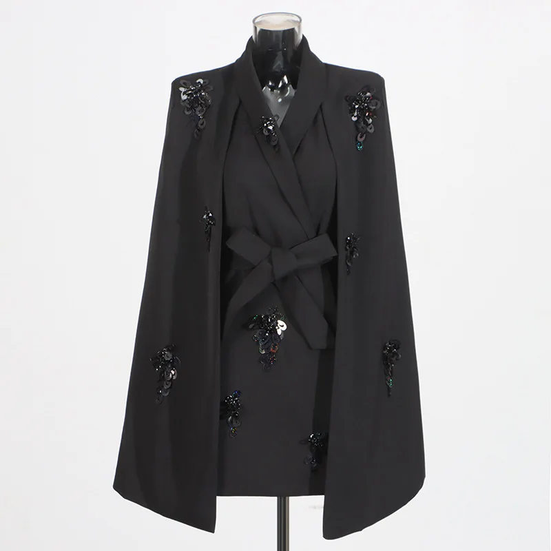 ZAMOR HIGH QUALITY Elegant Office Cape Blazer 2026 New Fashion 3D Sequin Design V Neck Tie Waist Women's Jacket
