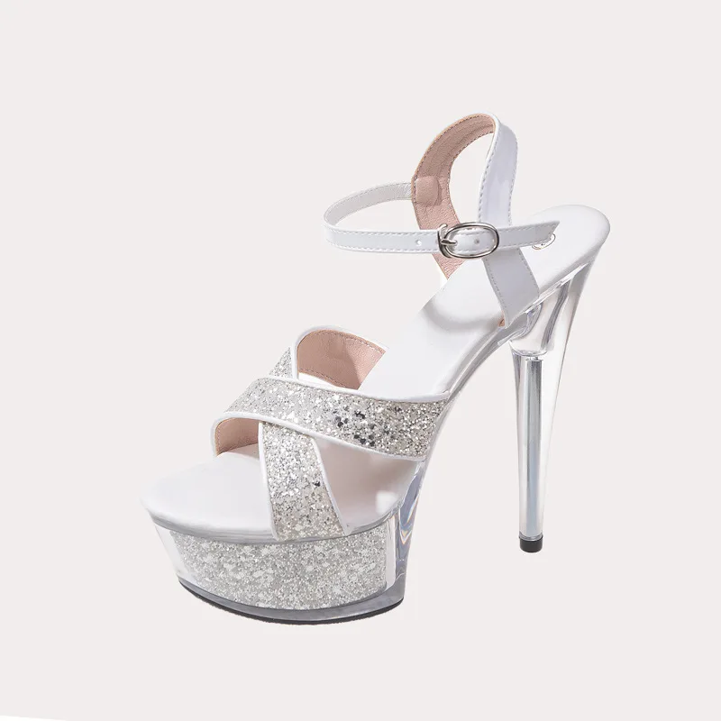 السيدات مضخات الحفلات متجرد نادي الكعوب منصات مطرزة 15-17 سنتيمتر صندل كعب عالٍ واضح مثير القطب الرقص Strappy النساء الأحذية