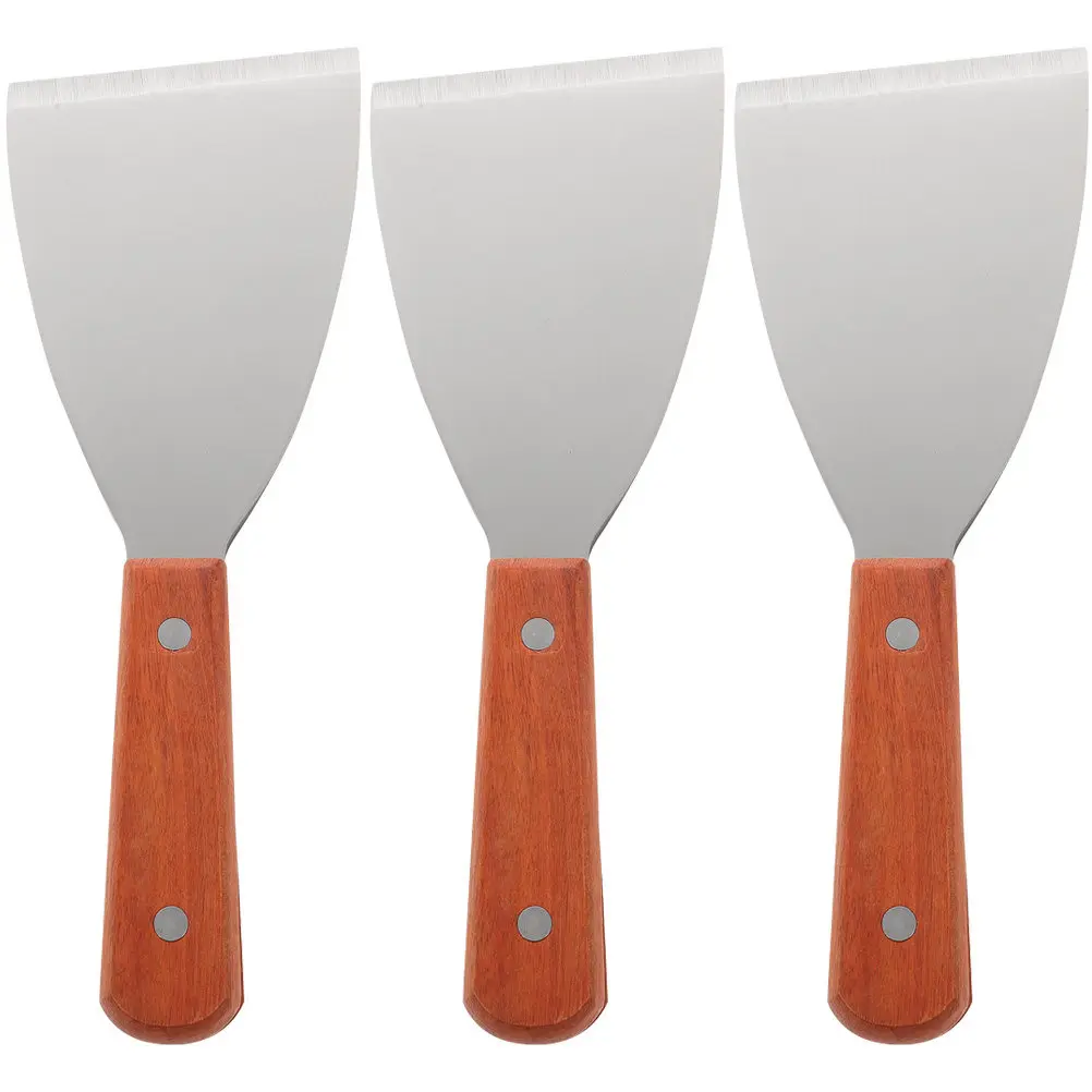 Stainless Steel Grill Spatula Set 3 Piece Wooden Handle Slant Scraper for Steak Pancake Cake Baking